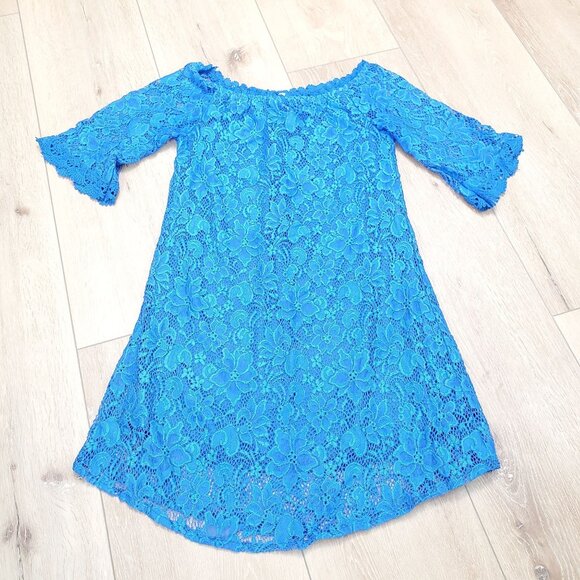 Womens Lace Off-Shoulder Dress with 3/4 Sleeves By Ours Size S Royal Blue Mini - Picture 1 of 13